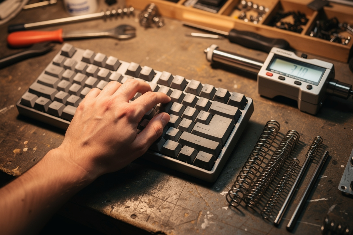 Hand on a mechanical keyboard with a force gauge and graded springs on the desk