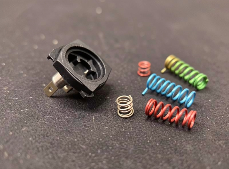 A keyboard switch disassembled with the spring removed beside several different graded springs