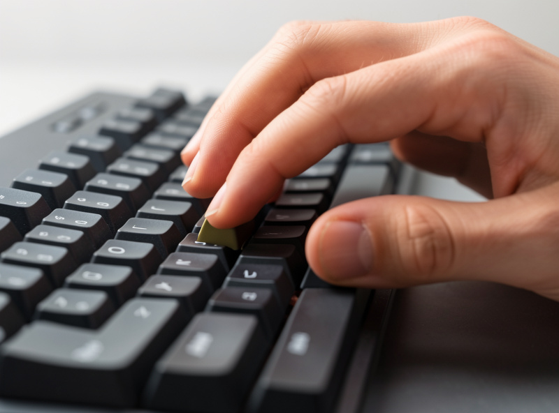 Fingers typing on a mechanical keyboard with a key pressed down to bottom out