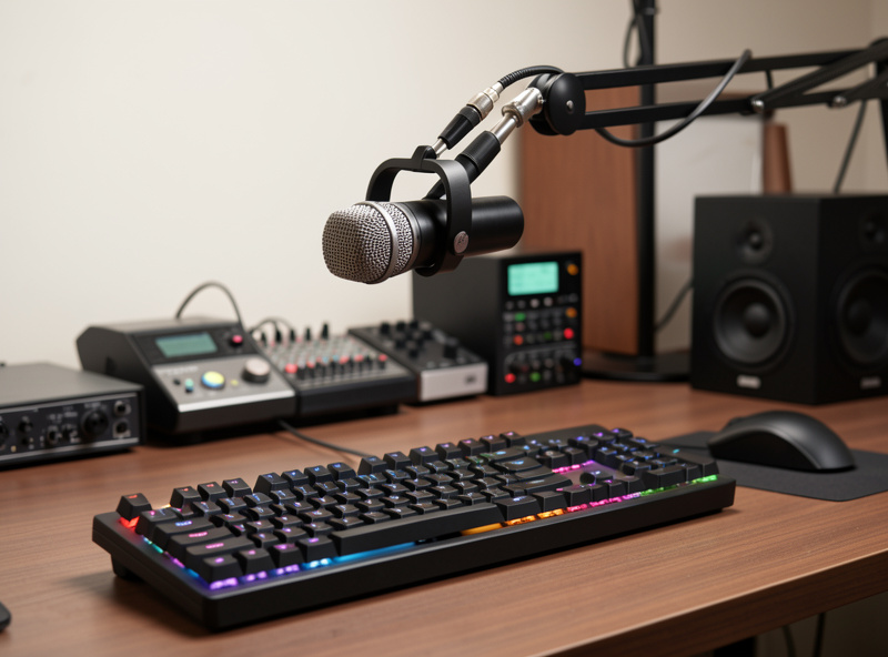 Microphone on a boom arm positioned over a mechanical keyboard for a controlled sound test
