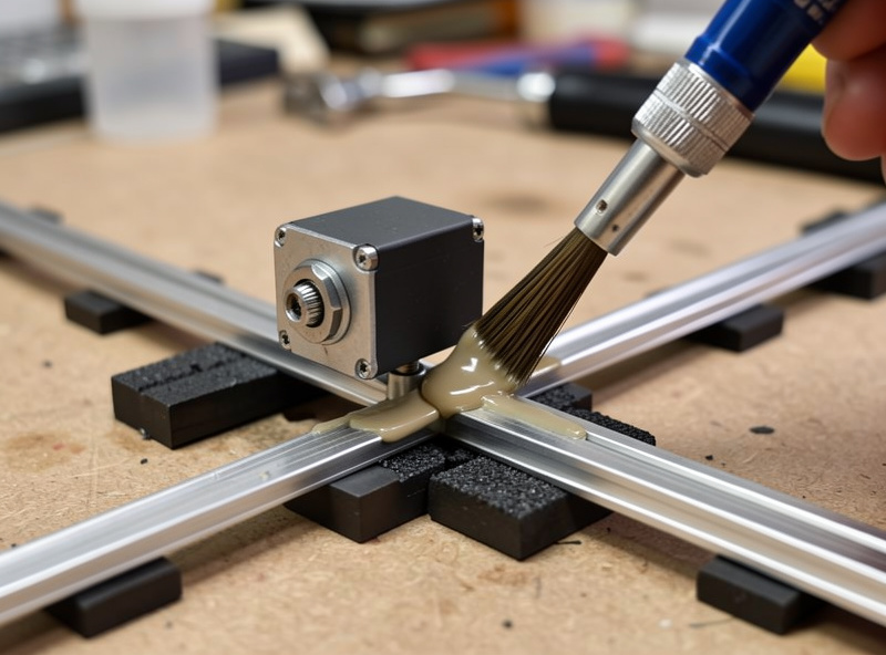 Brush applying grease to the rails of a silent linear switch while avoiding the rubber pads
