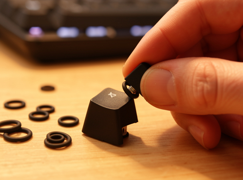 Small rubber o-rings being slipped onto a keyboard keycap stem