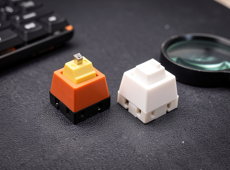 A used keyboard switch and a fresh one from the same batch compared side by side on a dark mat