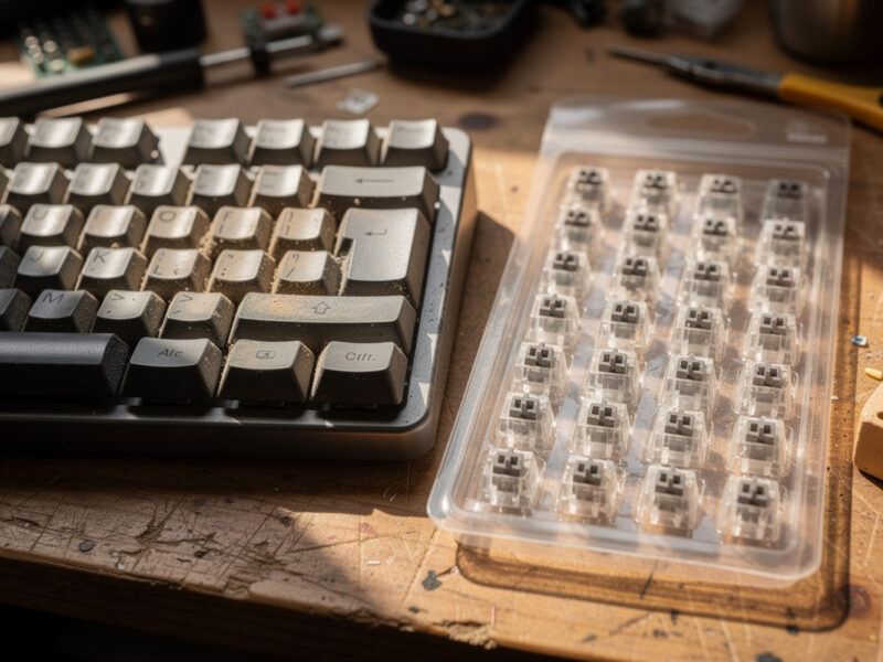 A worn mechanical keyboard beside a new sealed pack of switches on a desk