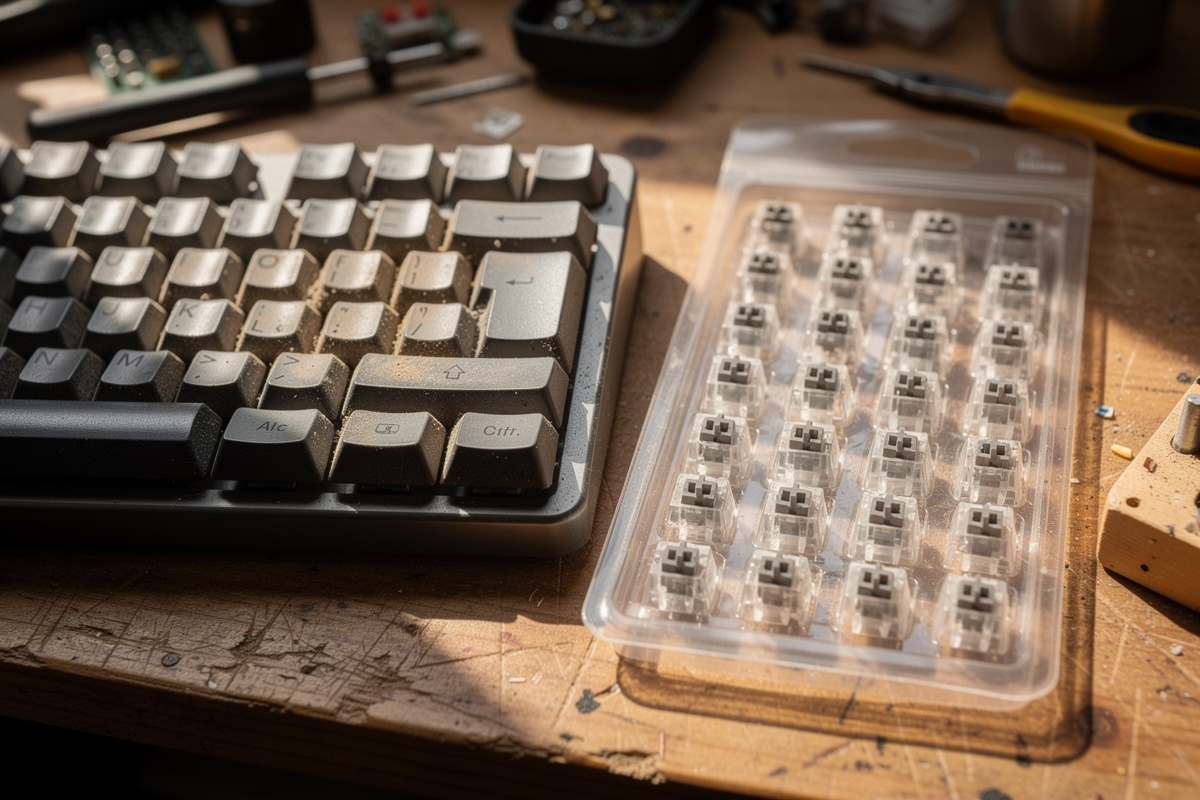 A worn mechanical keyboard beside a new sealed pack of switches on a desk