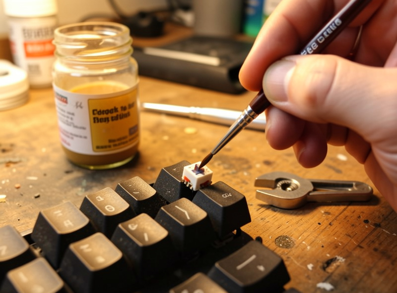 Hand applying lube to a keyboard switch stem with a brush on a workbench