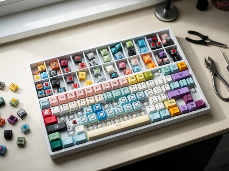 Organized mechanical keyboard switch collection sorted in a drawer on a workshop desk