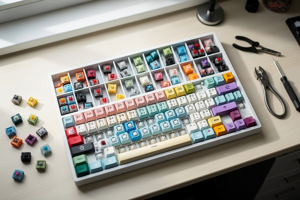 Organized mechanical keyboard switch collection sorted in a drawer on a workshop desk