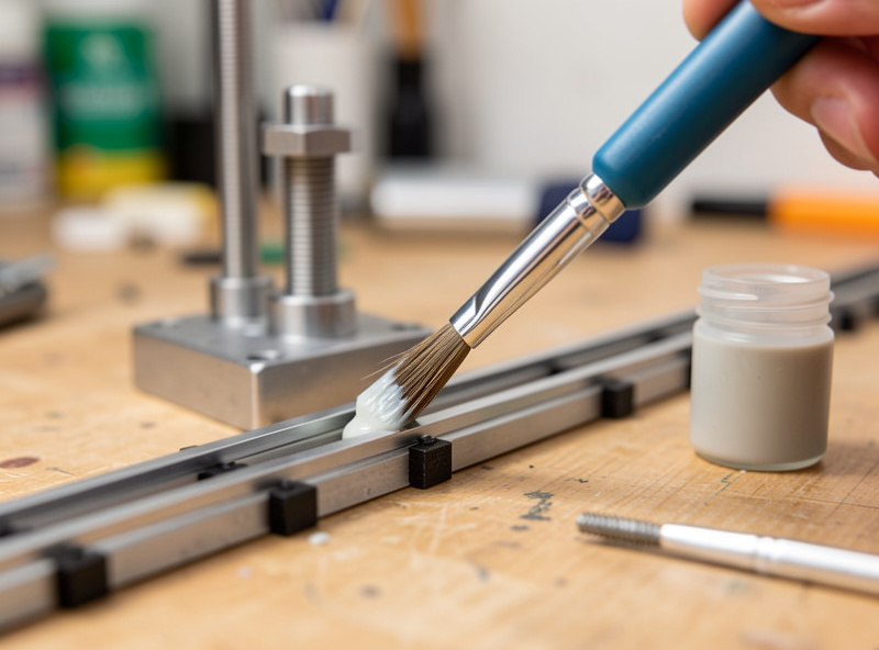 Fine brush applying grease to the rails of a single keyboard switch on a lube station