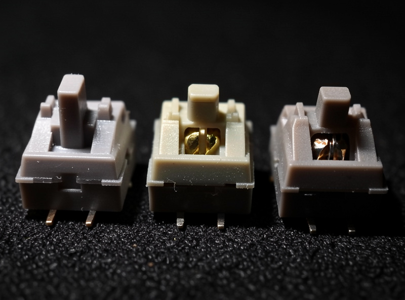 Three opened mechanical keyboard switches side by side showing linear, tactile, and clicky stem shapes