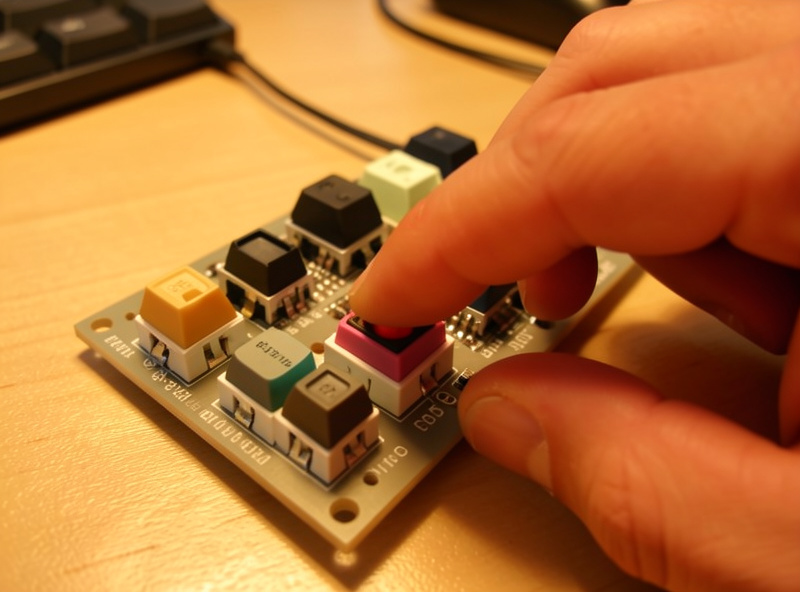 Hobbyist pressing a single switch on a small mechanical keyboard switch tester board