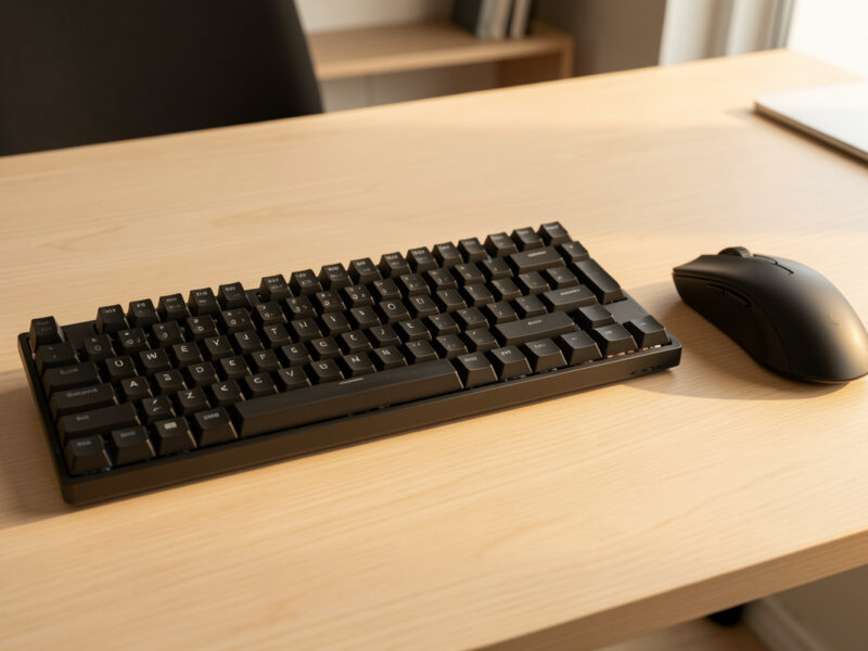 A tenkeyless mechanical keyboard with no numpad and a mouse close to its right side