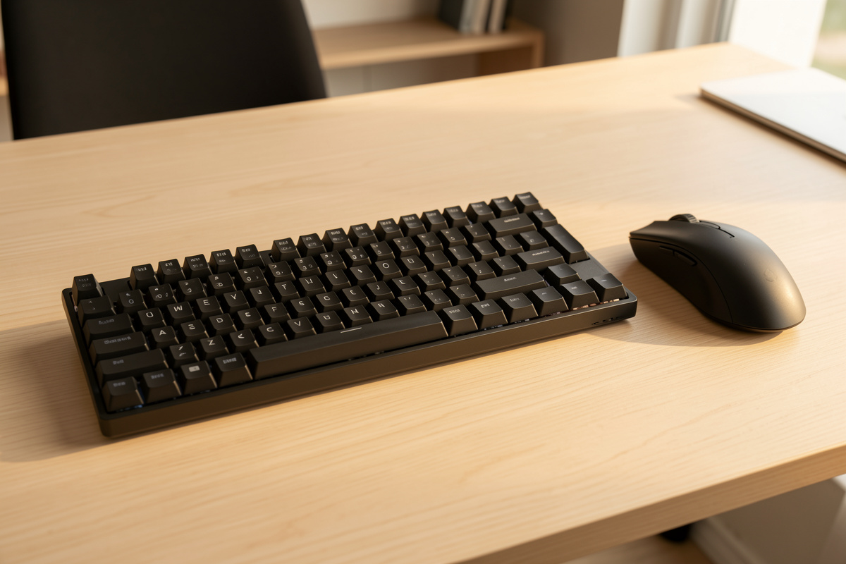 A tenkeyless mechanical keyboard with no numpad and a mouse close to its right side