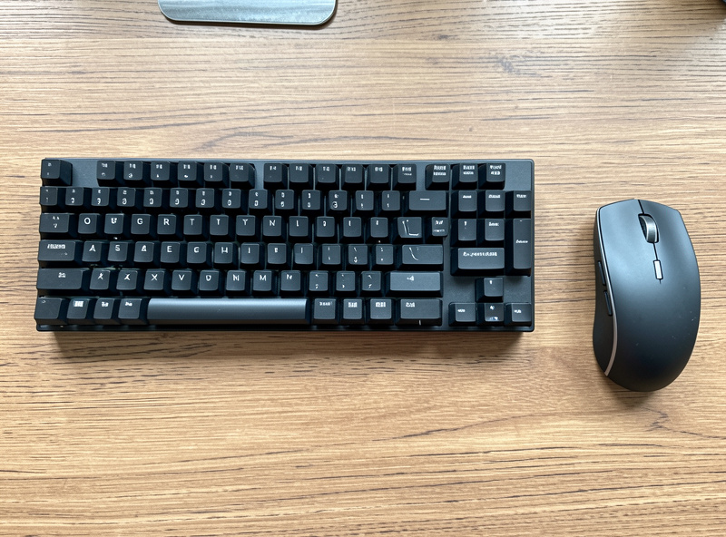 A tenkeyless mechanical keyboard on a desk with no numpad and a mouse positioned close to its right edge