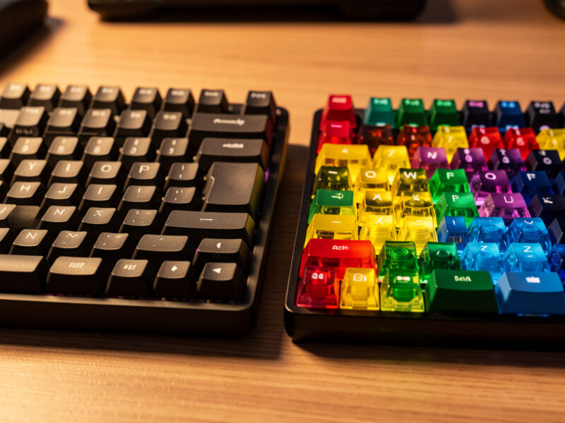 A textured PBT keycap set beside a glossy colorful ABS keycap set
