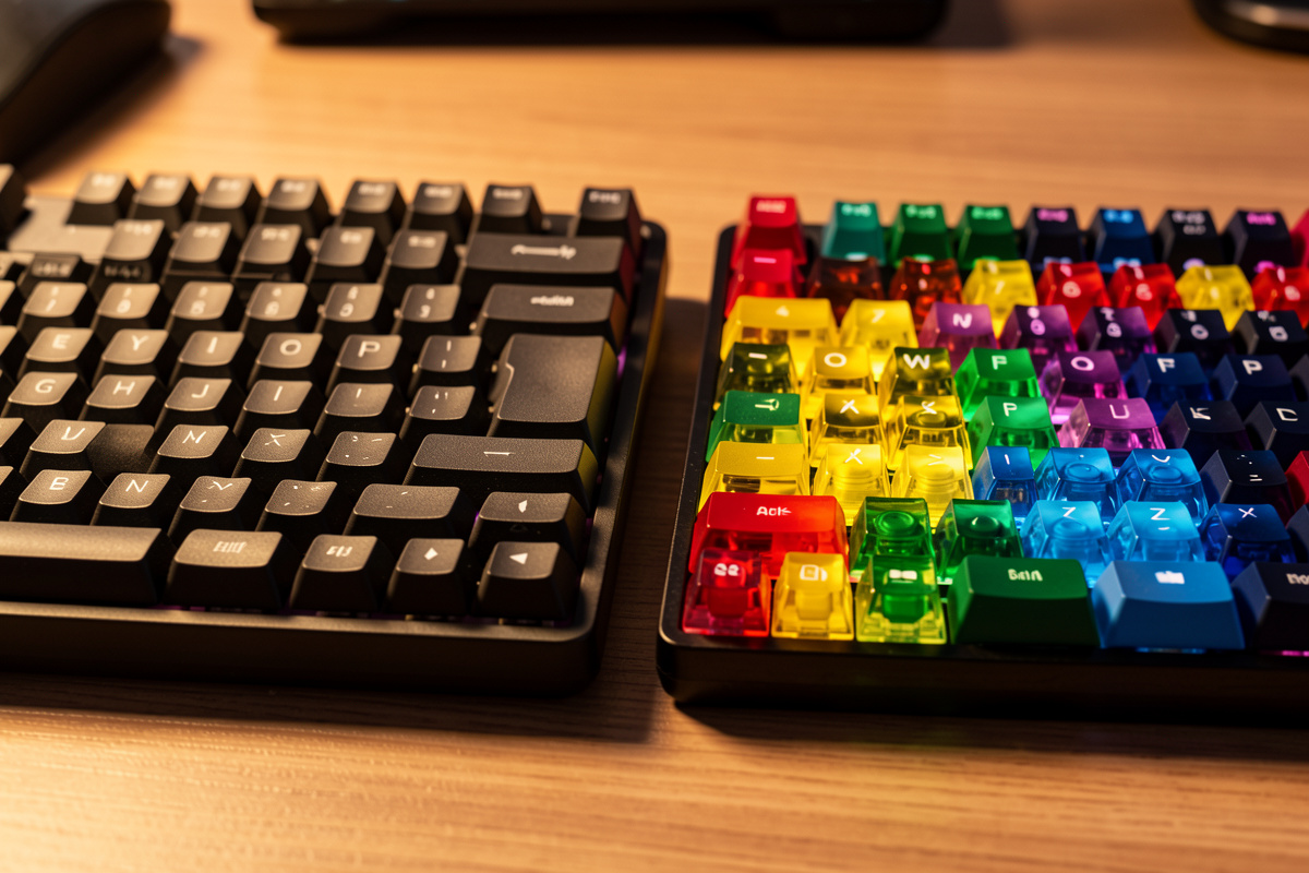 A textured PBT keycap set beside a glossy colorful ABS keycap set