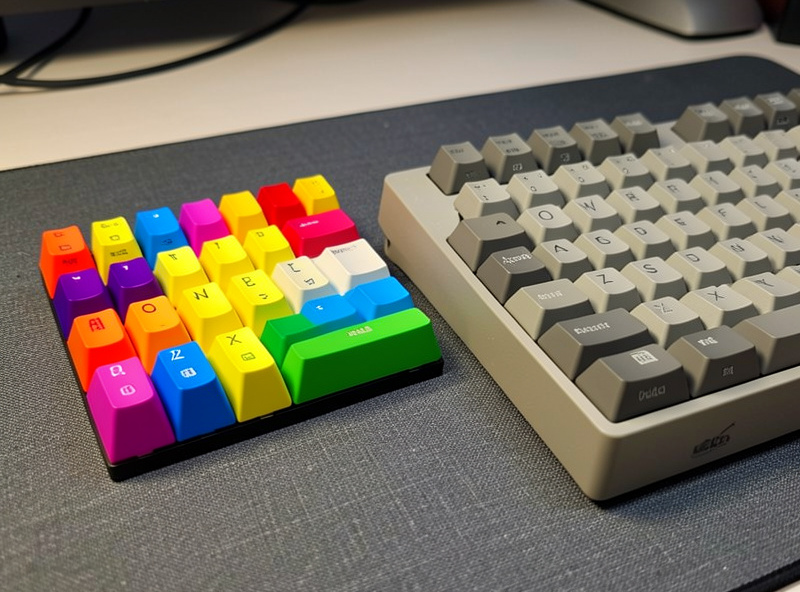 A vibrant doubleshot ABS keycap set in a bold colorway next to a muted PBT set