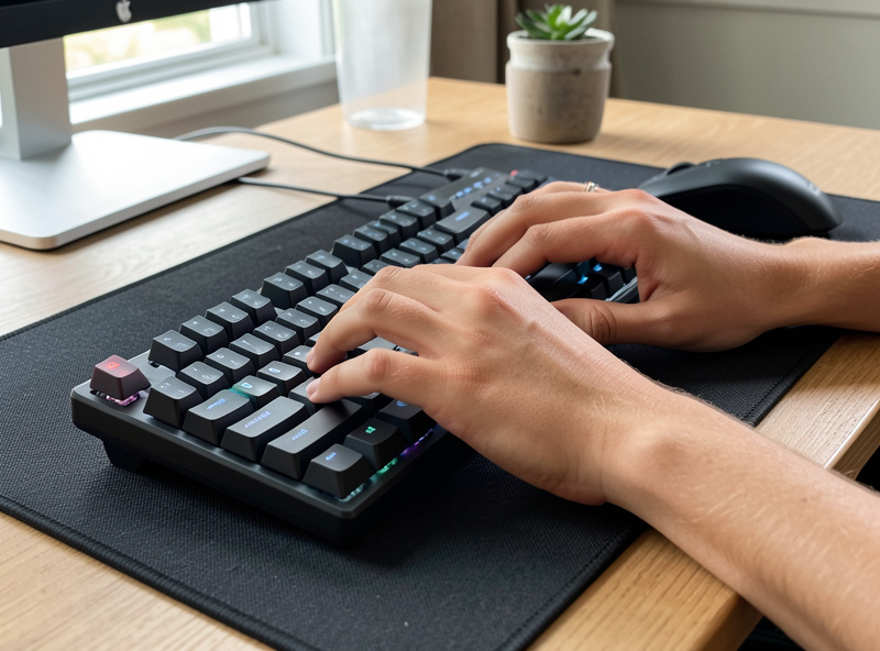Hands typing on a keyboard fitted with low Cherry profile keycaps on a desk mat