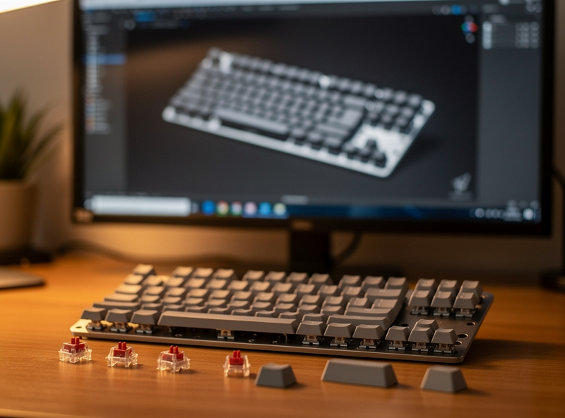 An in-stock hotswap keyboard ready to build now beside a group-buy render on a screen, contrasting now versus later
