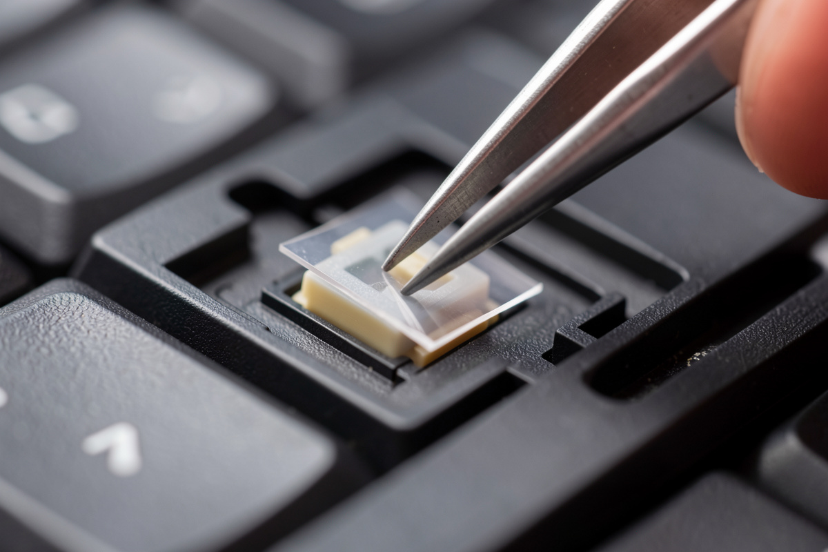 A small stack of thin switch films and a single film being placed onto a switch bottom housing with tweezers