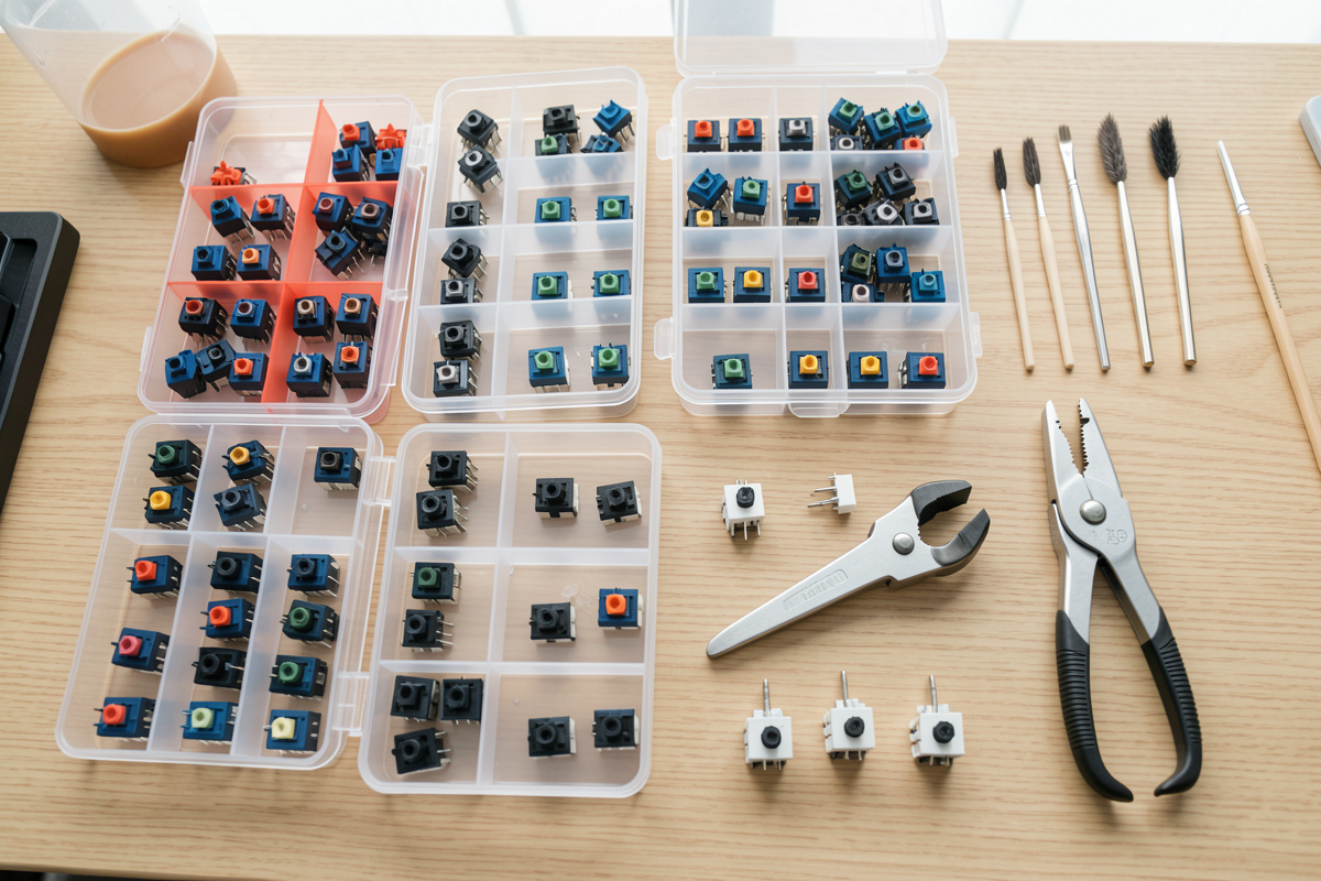 A lube station tray system with switch opener, stem holders and brushes laid out for batch processing