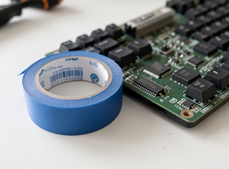 Roll of blue painters tape next to the back of a mechanical keyboard PCB on a workbench