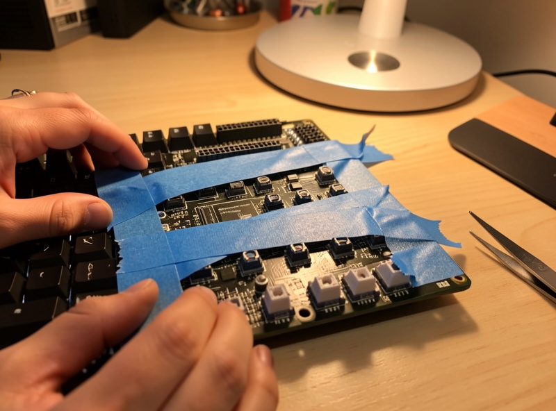 Hands laying strips of blue painters tape across the underside of a mechanical keyboard PCB