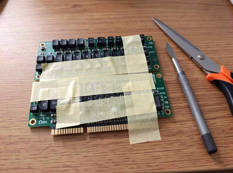 A neatly tape-modded mechanical keyboard PCB with two even layers of tape applied