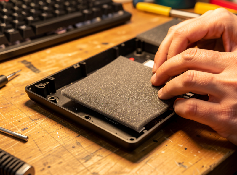Foam being fitted inside a mechanical keyboard case on a workbench