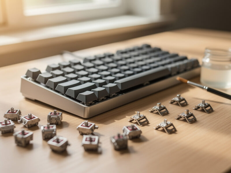 A custom mechanical keyboard surrounded by the switches, lube, and stabilizers that define its feel