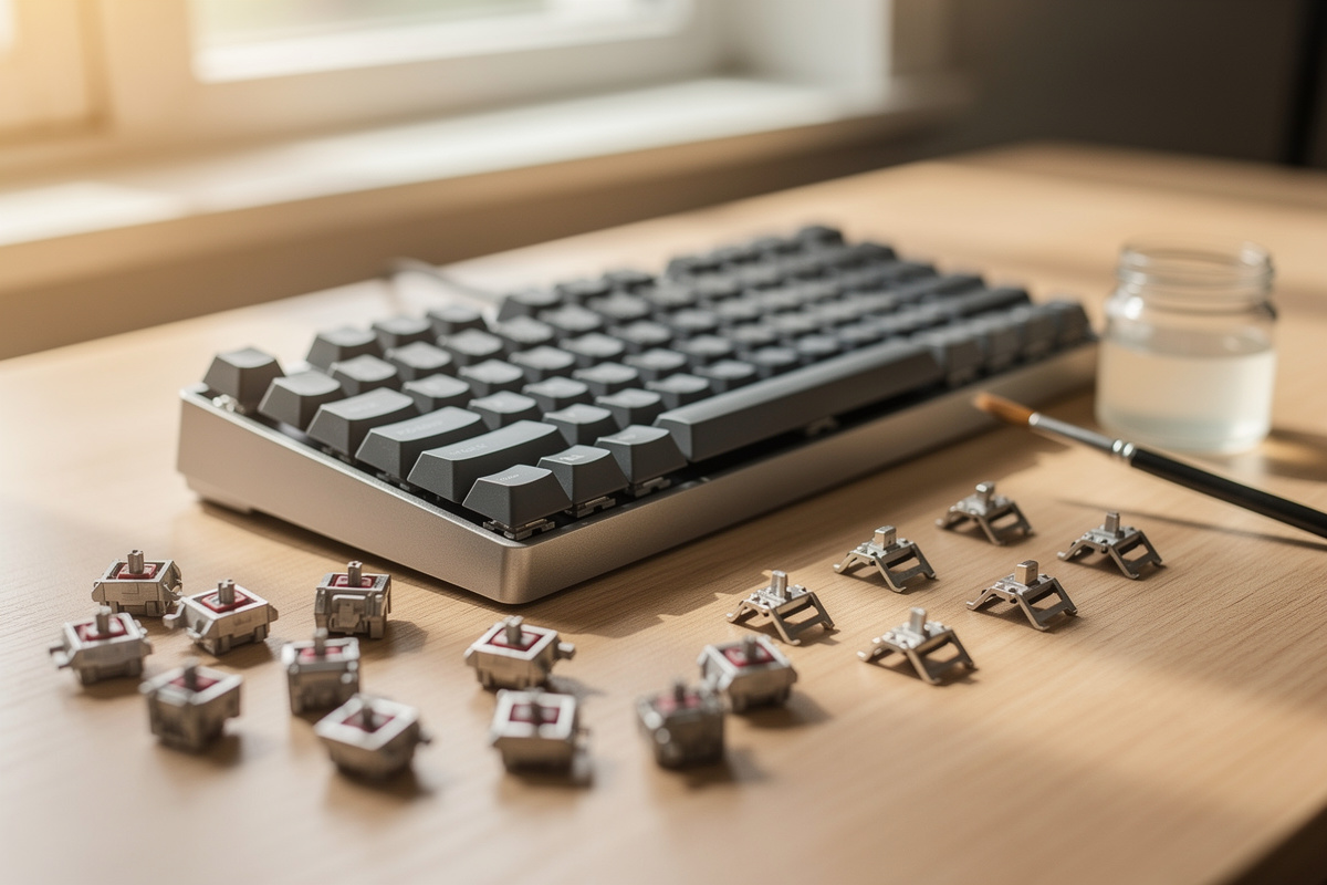 A custom mechanical keyboard surrounded by the switches, lube, and stabilizers that define its feel