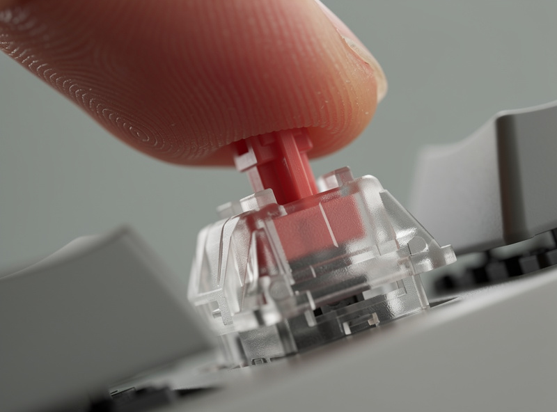Close-up of a custom keyboard switch being pressed, showing the smooth travel that defines feel