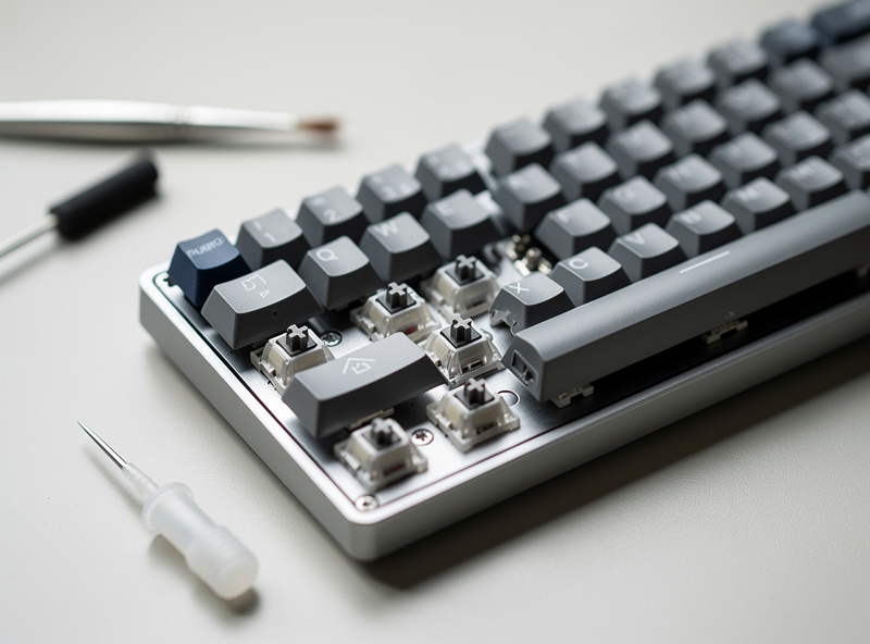 A keyboard with the spacebar removed showing the stabilizers underneath being tuned