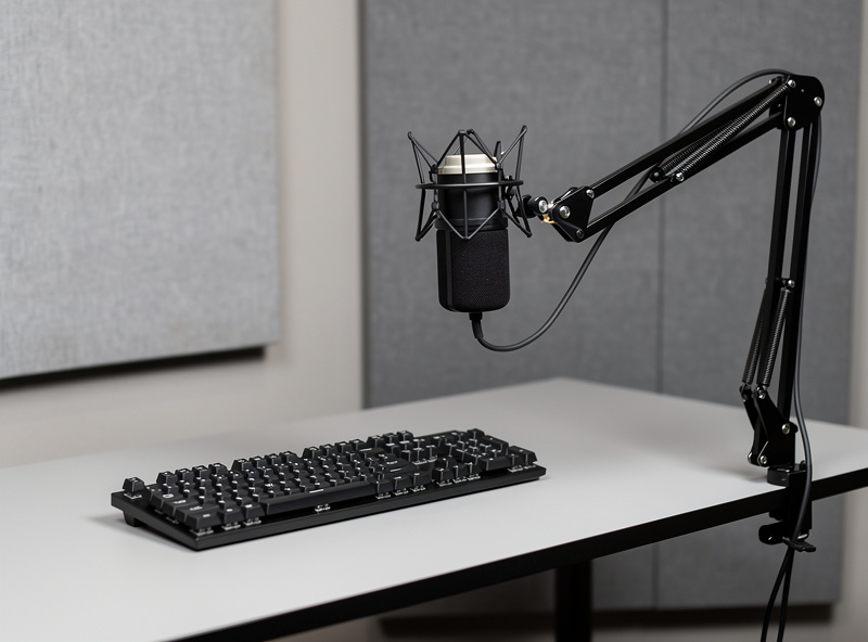 A controlled sound recording setup with a microphone at a fixed distance from a custom keyboard on a desk
