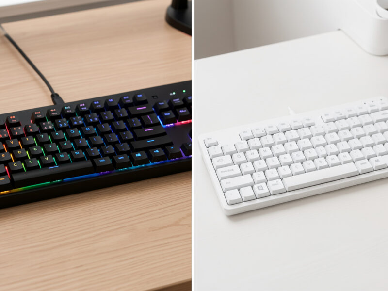 Wireless gaming keyboard with RGB beside a clean wireless office keyboard