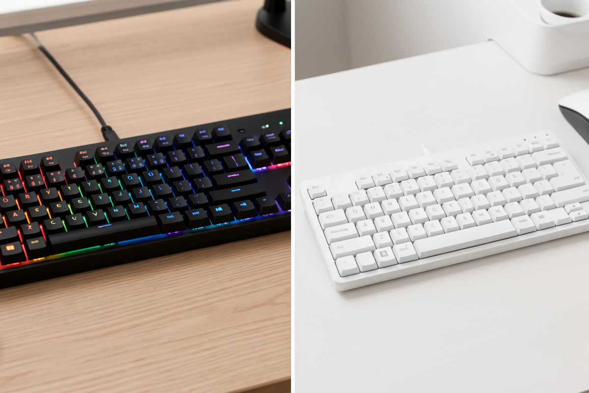 Wireless gaming keyboard with RGB beside a clean wireless office keyboard