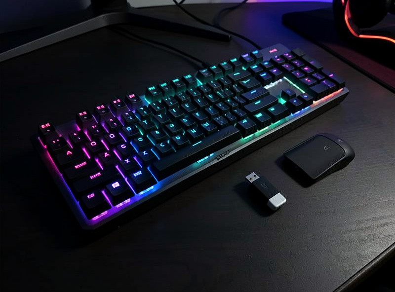 A wireless gaming mechanical keyboard with RGB lighting beside its 2.4GHz dongle on a dark desk