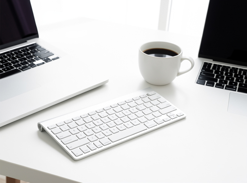 A clean wireless office keyboard with no backlight beside a laptop and coffee on a tidy desk