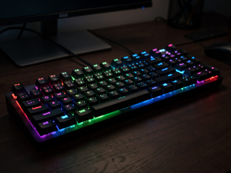 Wireless mechanical keyboard glowing with RGB backlighting on a dark desk