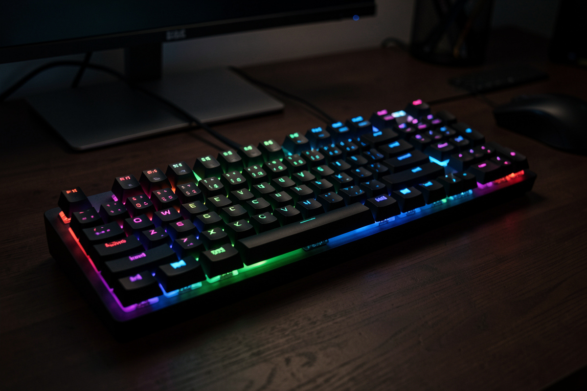Wireless mechanical keyboard glowing with RGB backlighting on a dark desk