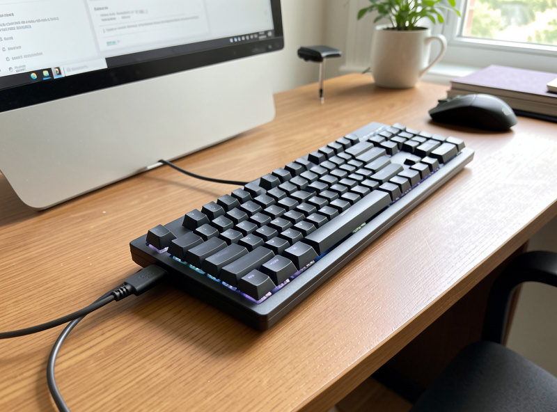 A wireless keyboard charging over a USB-C cable while in use on a desk