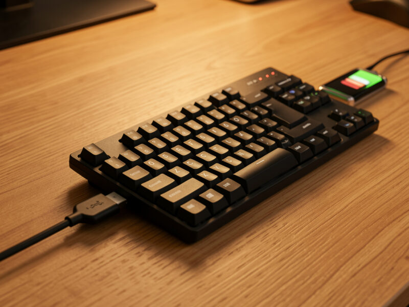 Wireless mechanical keyboard charging over a USB-C cable on a desk