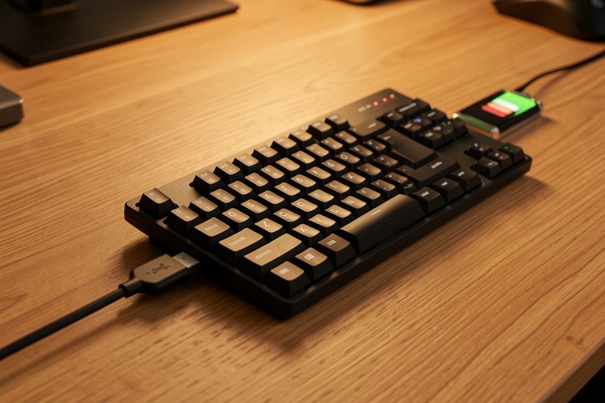 Wireless mechanical keyboard charging over a USB-C cable on a desk