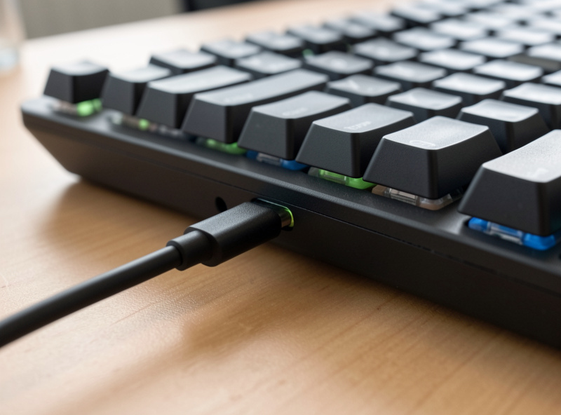 A wireless mechanical keyboard charging over a USB-C cable on a desk