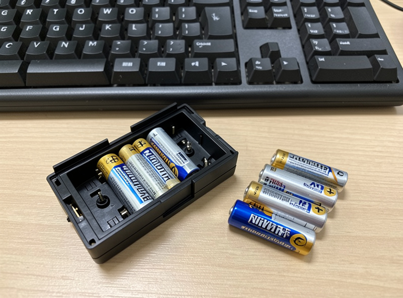 An open keyboard battery tray with AA batteries beside a set of rechargeable cells