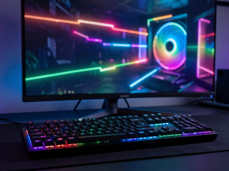 Wireless gaming mechanical keyboard in front of a high-refresh gaming monitor