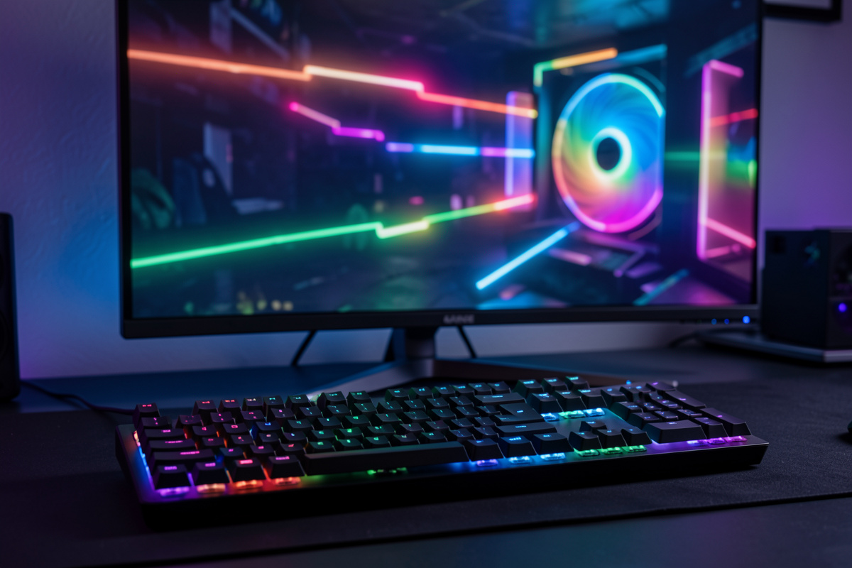 Wireless gaming mechanical keyboard in front of a high-refresh gaming monitor