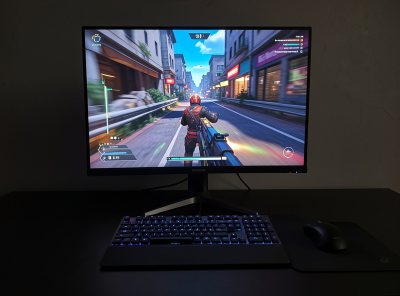 A wireless mechanical keyboard set up for gaming in front of a high-refresh-rate monitor