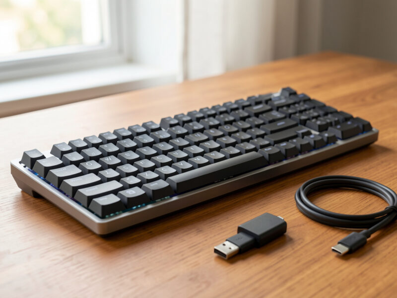 Wireless mechanical keyboard on a wooden desk with its USB dongle and USB-C charging cable